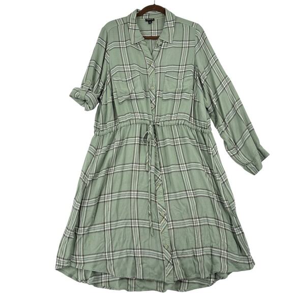 Torrid Shirt Dress Size 2X Olive Green Plaid Drawstring Waist Roll Tab Sleeves - Picture 3 of 12